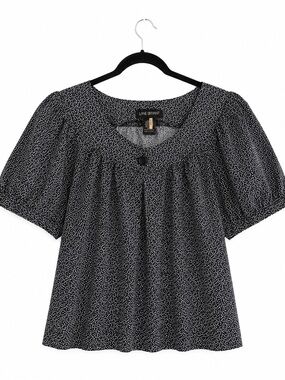 Lane Bryant Black with White Dot Short-Sleeve Peasant Blouse
